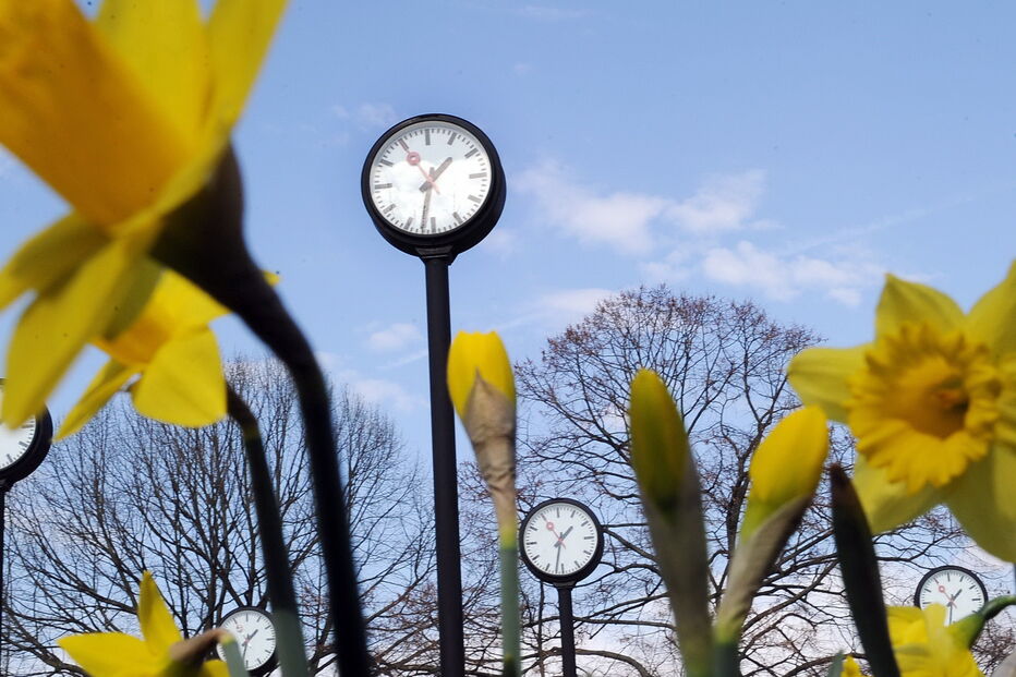Relógios lado a lado com as flores, em Dusseldorf, na Alemanha, chamam a atenção para a mudança da hora, que ocorre este fim-de-semana. (Achim Scheidemann / Epa)