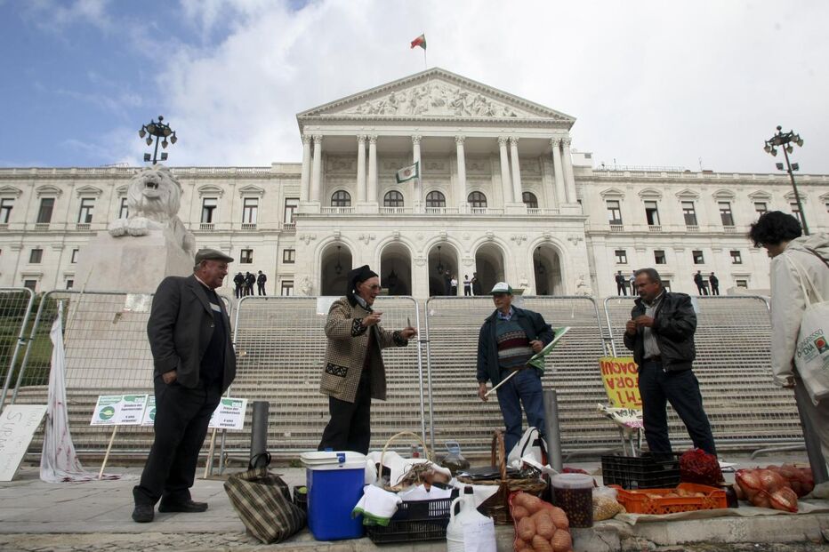 Dirigentes da Confederação Nacional da Agricultura juntaram-se, ontem, no Parlamento num protesto contra as “más políticas agrícolas”, e entregaram aos deputados um ‘cabaz’ de produtos. Os agricultores acusam os políticos de eliminar o “que de melhor se produz em Portugal”. (Mariline Alves)