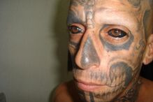 musquito, esposa, eyeball tatto, prisão, eua, marcador, tatuagem, preto, vermelho, azul, injeção