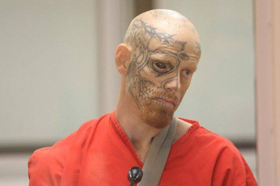 musquito, esposa, eyeball tatto, prisão, eua, marcador, tatuagem, preto, vermelho, azul, injeção