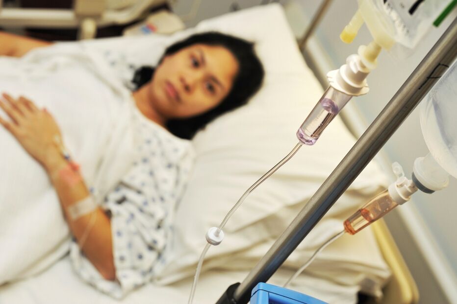 mulher, cama, hospital