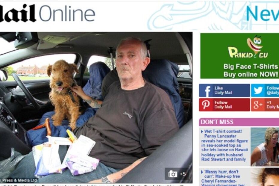 Reino Unido, Ian Russell, sem abrigo, saúde, cancro, diabetes, pensionista, carro, cães, mundo