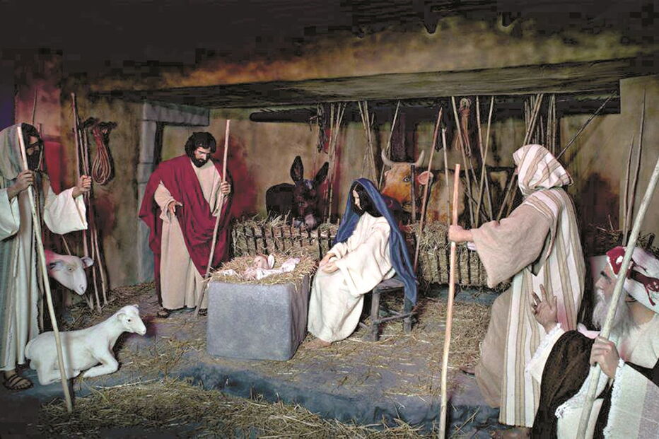 Jesus na manjedoura, com José, Maria e os pastores   