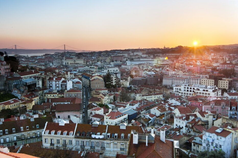 lisboa, vista, castelo, por do sol, casas, casa, imobiliário
