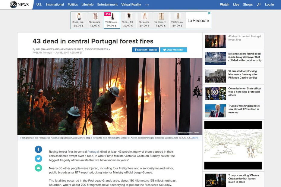 Meios de comunicação social de todo o mundo destacam incêndio em Pedrógão Grande