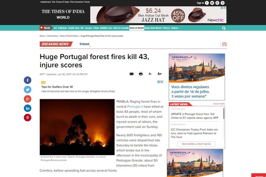 Meios de comunicação social de todo o mundo destacam incêndio em Pedrógão Grande