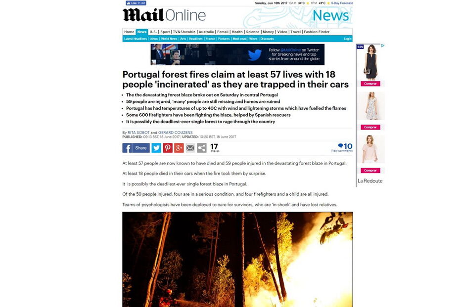 Meios de comunicação social de todo o mundo destacam incêndio em Pedrógão Grande