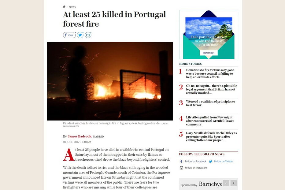 Meios de comunicação social de todo o mundo destacam incêndio em Pedrógão Grande