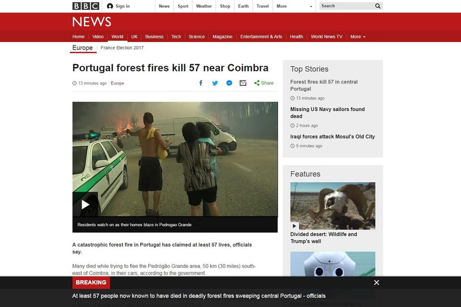 Meios de comunicação social de todo o mundo destacam incêndio em Pedrógão Grande