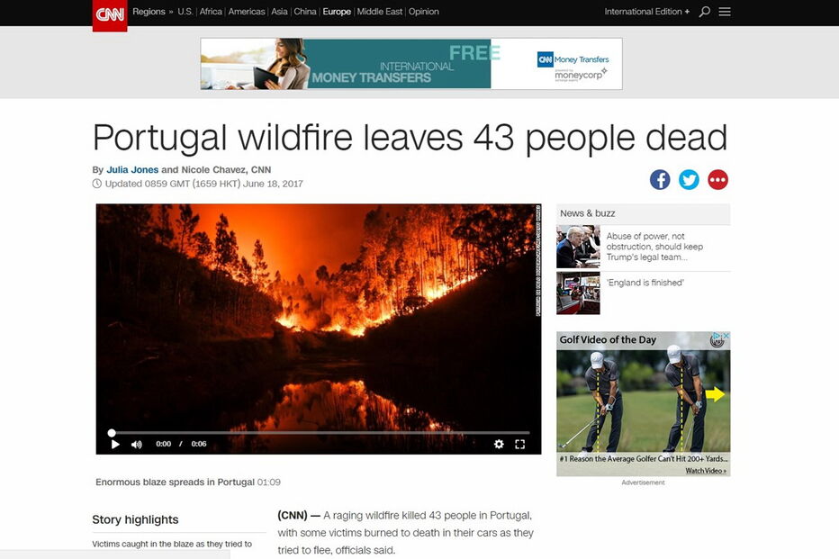 Meios de comunicação social de todo o mundo destacam incêndio em Pedrógão Grande