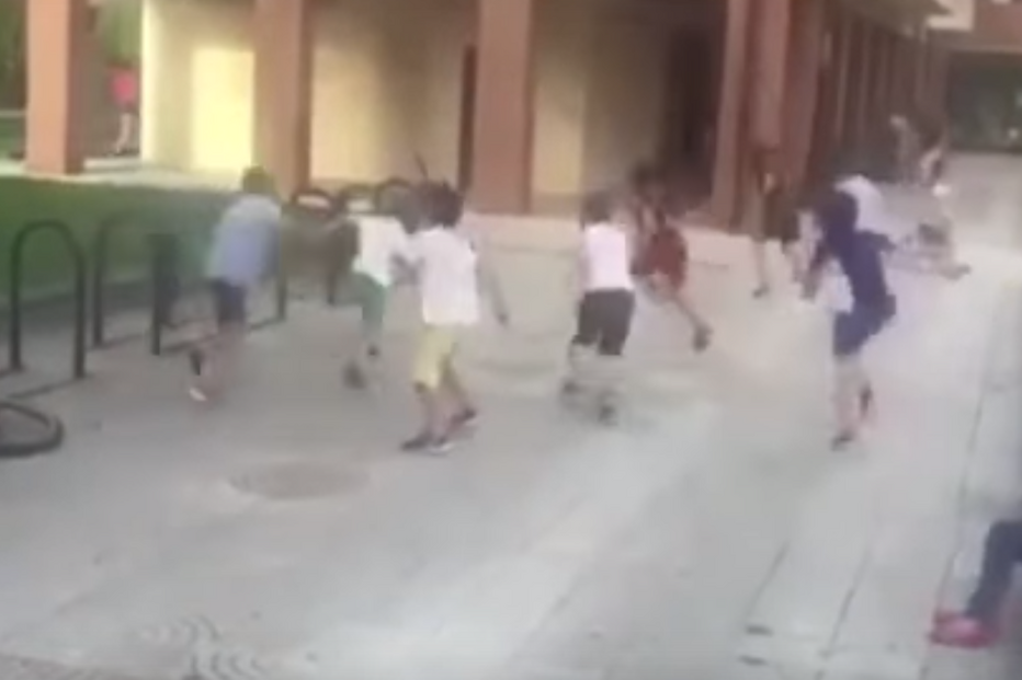 Crianças espanholas fogem de cão pequeno