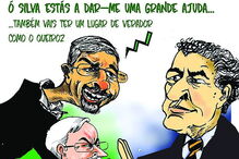 Três dos candidatos ao município representados em caricatura     