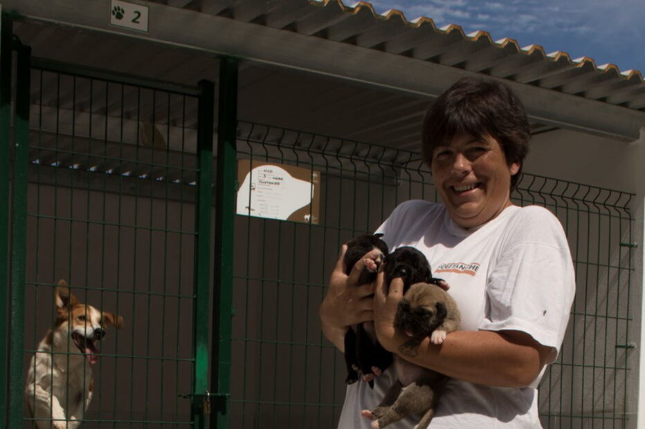 Lídia Antunes segura ao colo alguns dos cães recolhidos pela associação