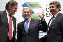 Belmiro de Azevedo em 2014, no Prémio Caixa Empreender com José Matos da CGD e Paulo Fernandes, presidente da Cofina