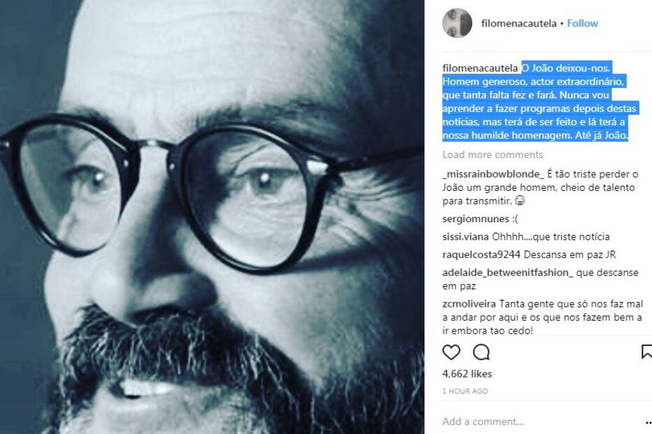 Filomena Cautela deixou mensagem de despedida a João Ricardo no Instagram