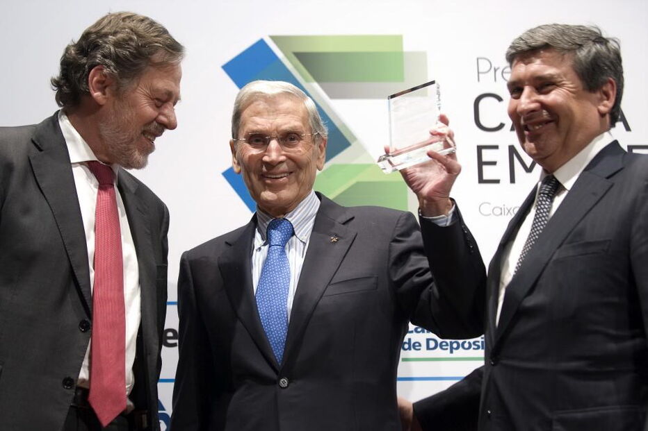 Belmiro de Azevedo em 2014, no Prémio Caixa Empreender com José Matos da CGD e Paulo Fernandes, presidente da Cofina