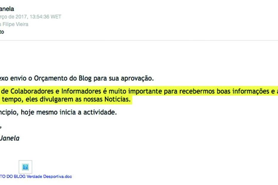 Mail enviado a 21 de março, no qual alegadamente Carlos Janela manda o orçamento a Luís Filipe Vieira
