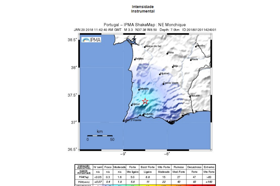 Mapa de intensidade do sismo registado em Monchique