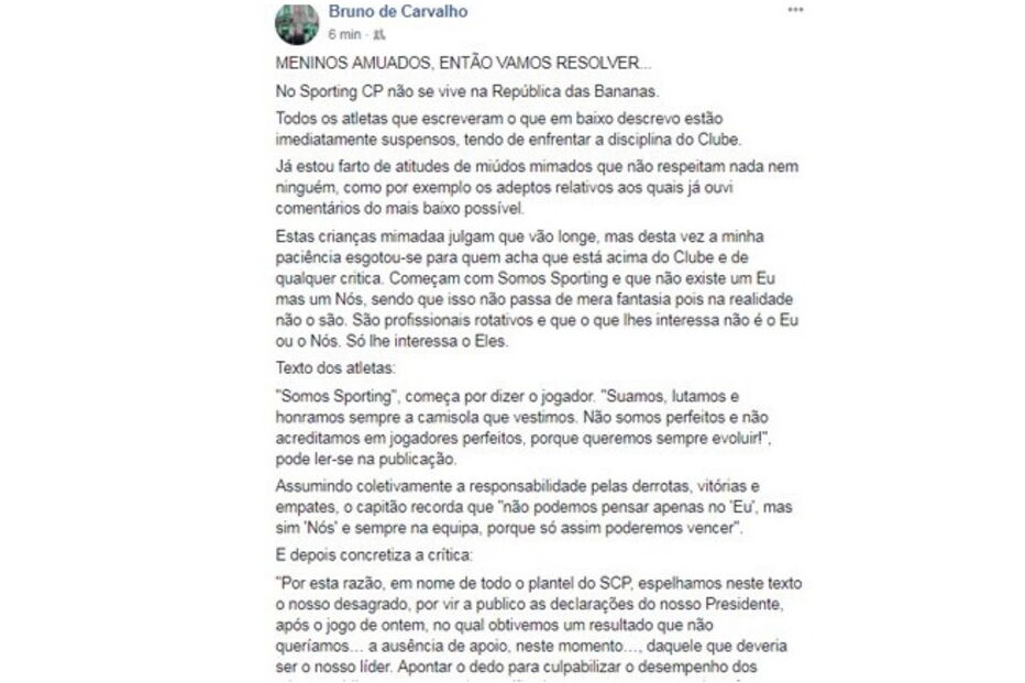 Bruno de Carvalho suspende jogadores que o criticaram nas redes sociais
