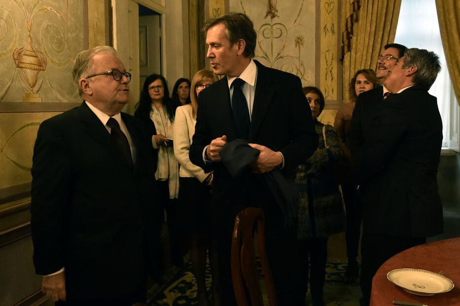 Ministro da Cultura (ao centro), acompanhado por João Azevedo, presidente da CM de Mangualde, e Pais do Amaral