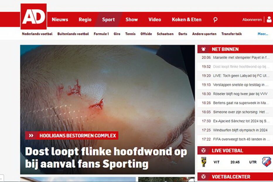 O jornal holandês AD tem como notícia de destaque a agressão a Bas Dost