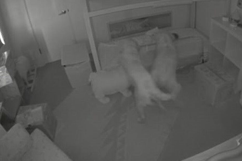 Cães e bebé aventuram-se durante a noite