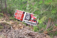 Carro de combate aos fogos dos bombeiros de Lagos ficou tombado e preso entre as árvores