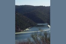 Águas do Tejo com espuma verde junto à barragem de Cedillo na fronteira entre Espanha e Portugal