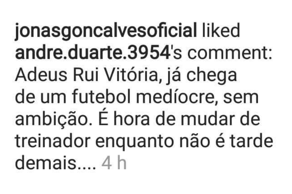 Jonas coloca 'gosto' em comentário de adepto que exige saída de Rui Vitória