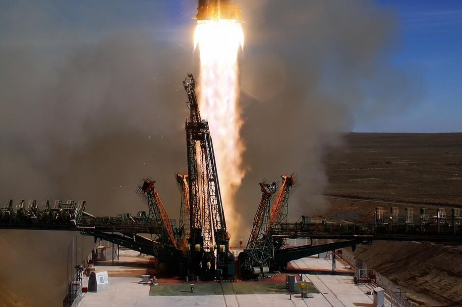 Lançamento da nave espacial Soyuz, no Cazaquistão