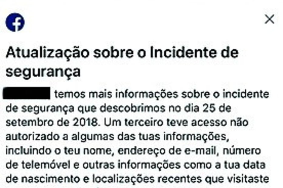 A notificação  a informar o utilizador que a sua conta foi afetada pela falha de segurança 