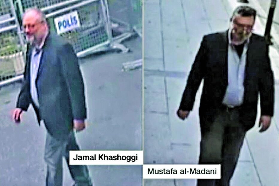 Jamal Khashoggi à entrada do consulado saudita e o duplo vestido com as roupas do jornalista