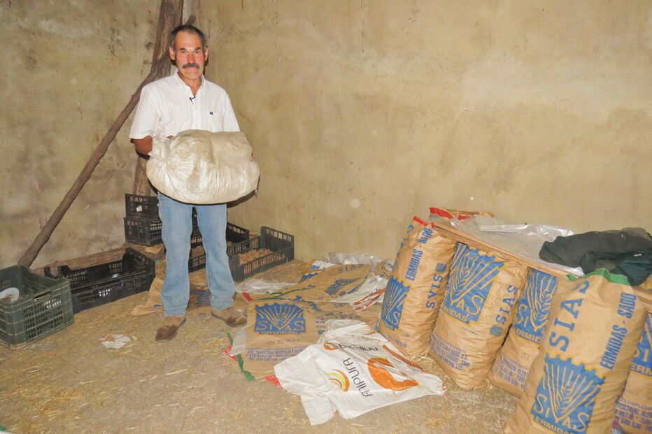 José Franco ficou com a casa destruída após o incêndio e foi viver para o local onde guarda a comida dos animais   
