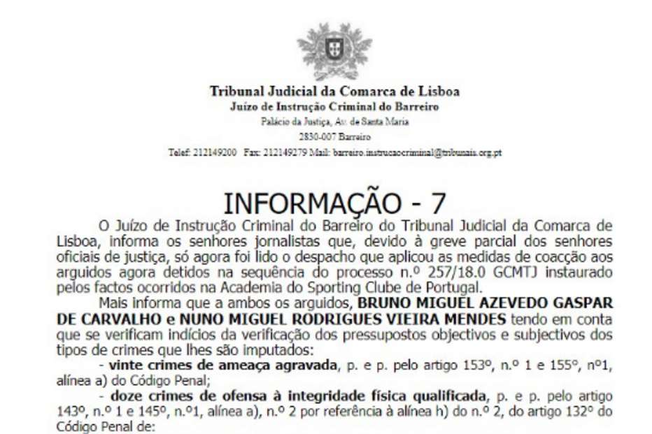 Comunicado sobre as medidas de coação a Bruno de Carvalho e Mustafá