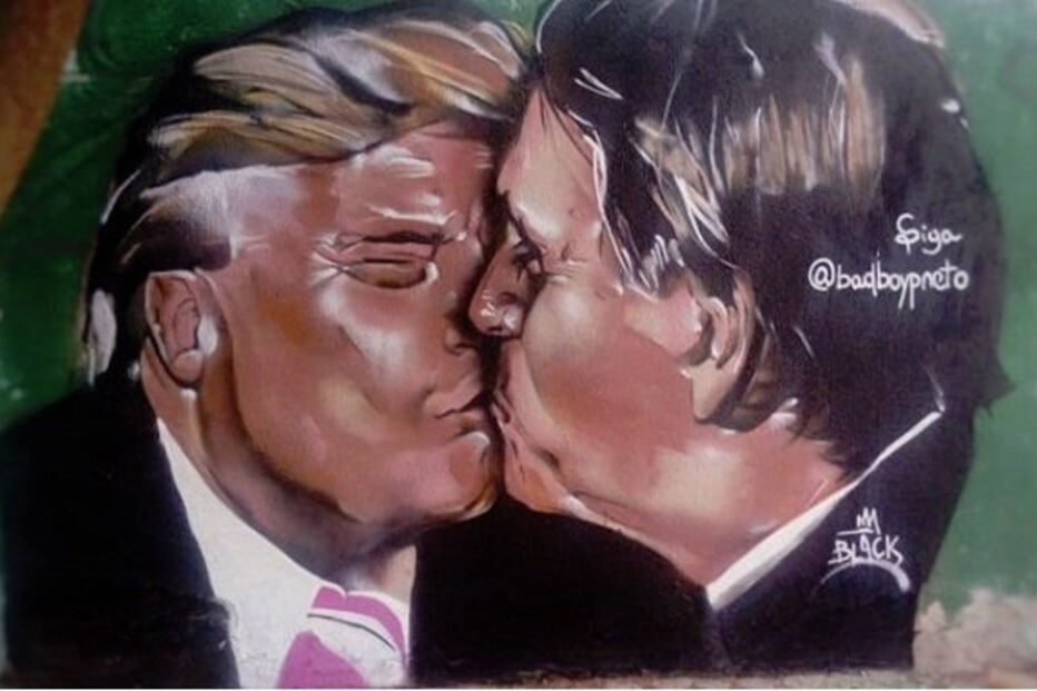 Pintura de beijo entre Trump e Bolsonaro apagada de muro no Brasil