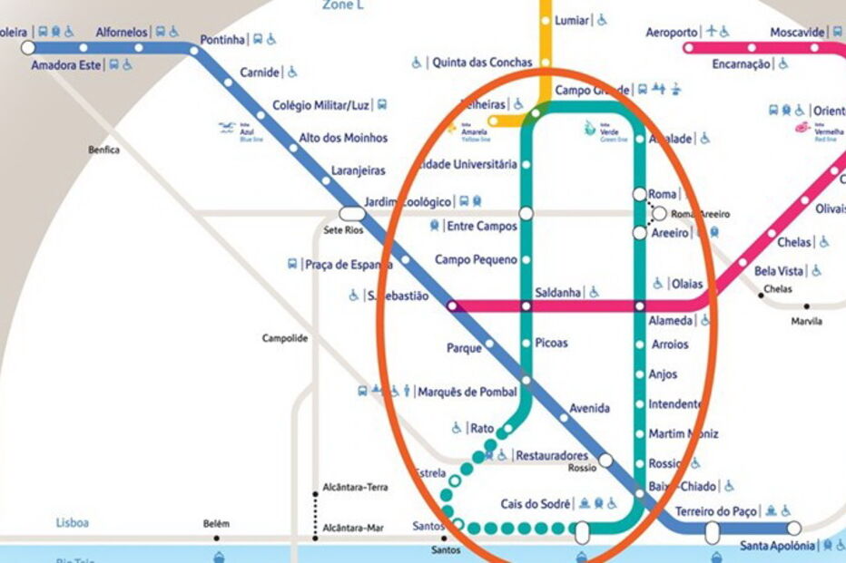 Mapa do Metro de Lisboa com a nova Linha Verde, em 2021