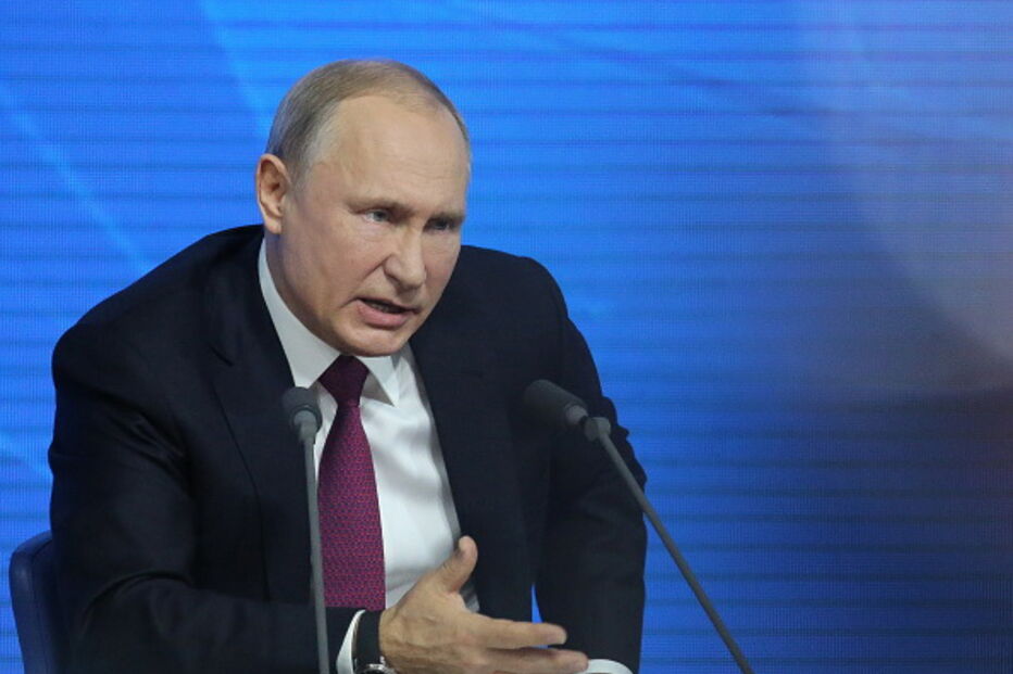 Vladimir Putin durante a conferência de imprensa anual em Moscovo, na Rússia