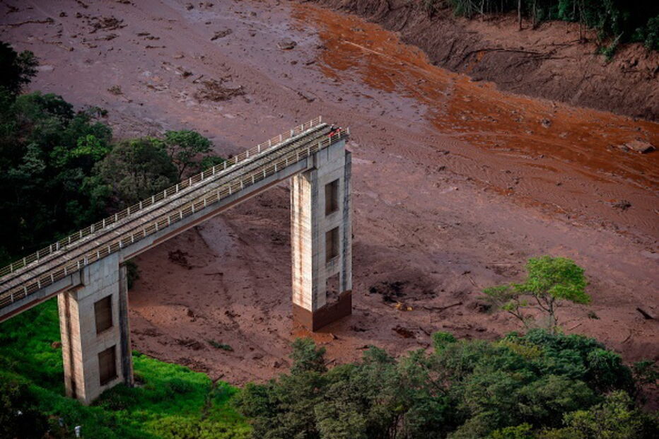 Pessoas e animais entre rios de lama causados pela rutura de barragem no Brasil