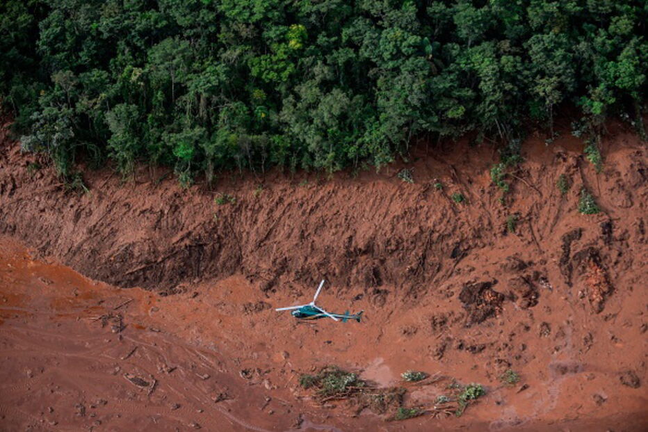 Pessoas e animais entre rios de lama causados pela rutura de barragem no Brasil