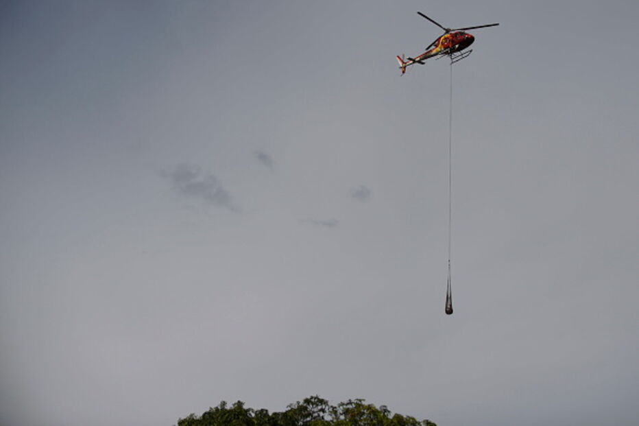Pessoas e animais entre rios de lama causados pela rutura de barragem no Brasil