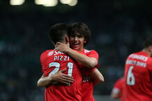 Pizzi festeja com João Félix o quarto golo do Benfica em Alvalade