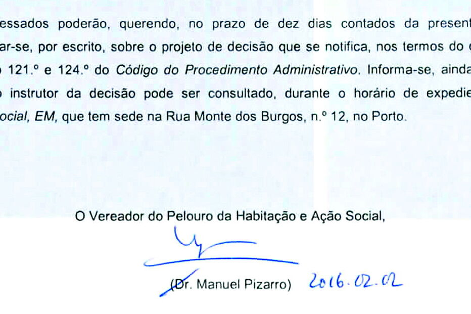 Documento tornado público pela câmara, com a assinatura de Manuel Pizarro 