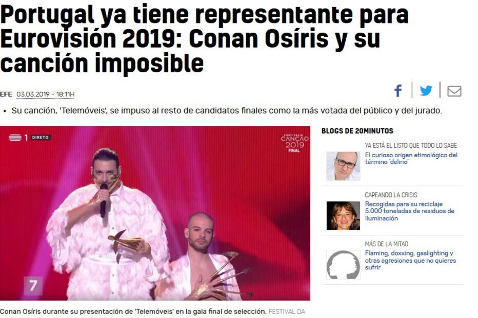 Site espanhol '20 Minutos' diz que Conan Osíris venceu o Festival da Canção 2019 com uma 