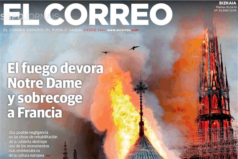 Capas dos jornais internacionais dão destaque ao incêndio na Notre-Dame