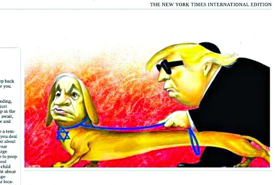 O cartoon que retrata a relação entre o presidente norte-americano Donald Trump e o primeiro-ministro israelita Benjamin Netanyahu 