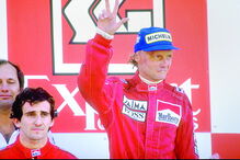 Prost  (esq.) ganhou em Portugal, mas Lauda foi campeão do Mundo