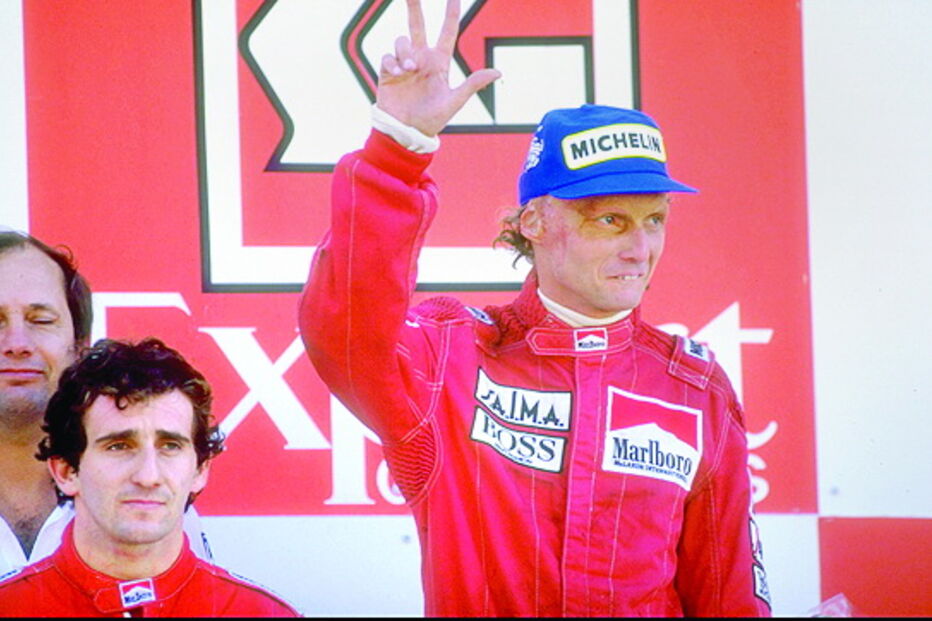 Prost  (esq.) ganhou em Portugal, mas Lauda foi campeão do Mundo