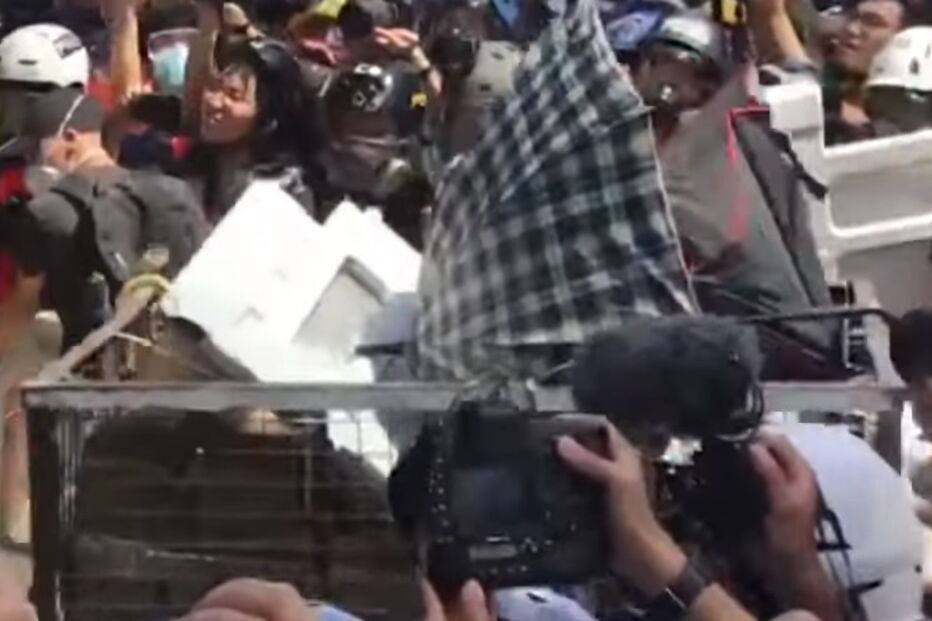 Recorrendo a um carrinho de supermercado metálico os manifestantes tentaram forçar a entrada no edifício da Assembleia.