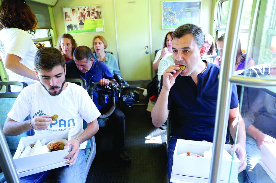 André Silva, porta-voz do PAN, petisca durante uma viagem de comboio