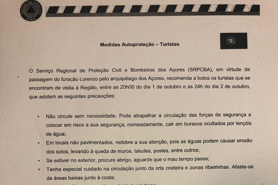 Proteção Civil alerta turistas com medidas de precaução para passagem do furacão Lorenzo